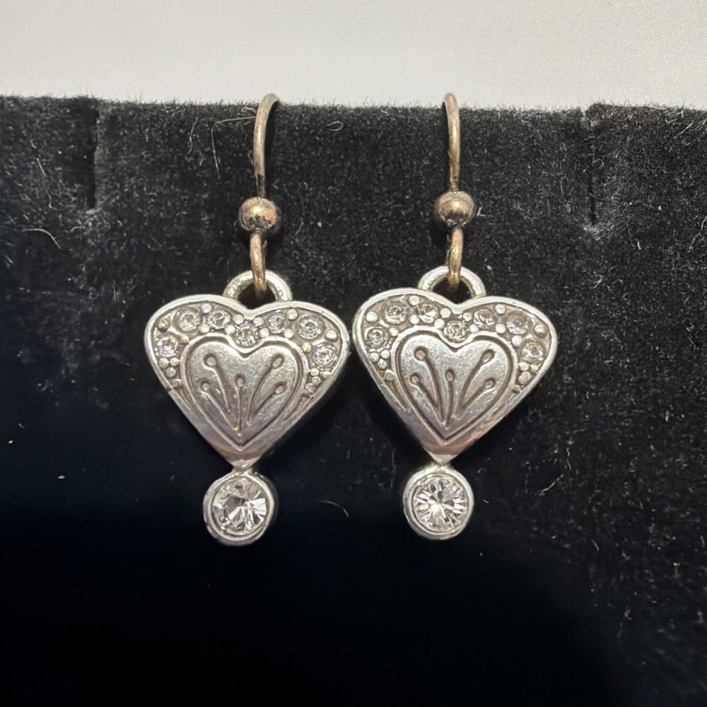 Brighton Puffy Heart Retired Etched Wire Crystal Rhinestone Dangle Earrings
